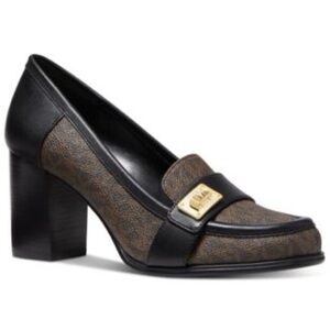 Michael Kors monogram pumps block heel loafers elegant gold buckle lock detail